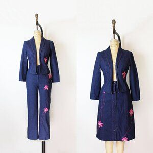 vintage 70s denim set / 1970s jeans jacket denim skirt embroidered set